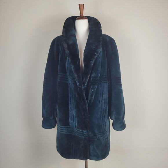 Vintage Rosa Mori Barth-Wind Sheared Fur Coat Teal Blue Shawl Collar Mob Wife - Picture 1 of 11